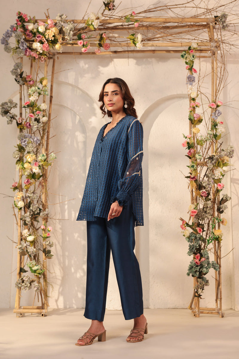 Vaayu Dark Blue V Neck Co ord Set silk chanderi , silk tencel kurta/kurta set by Niti Bothra in dark blue for women in Singapore