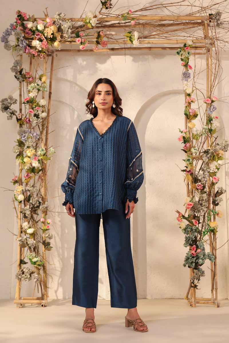 Vaayu Dark Blue V Neck Co ord Set silk chanderi , silk tencel kurta/kurta set by Niti Bothra in dark blue for women in Singapore