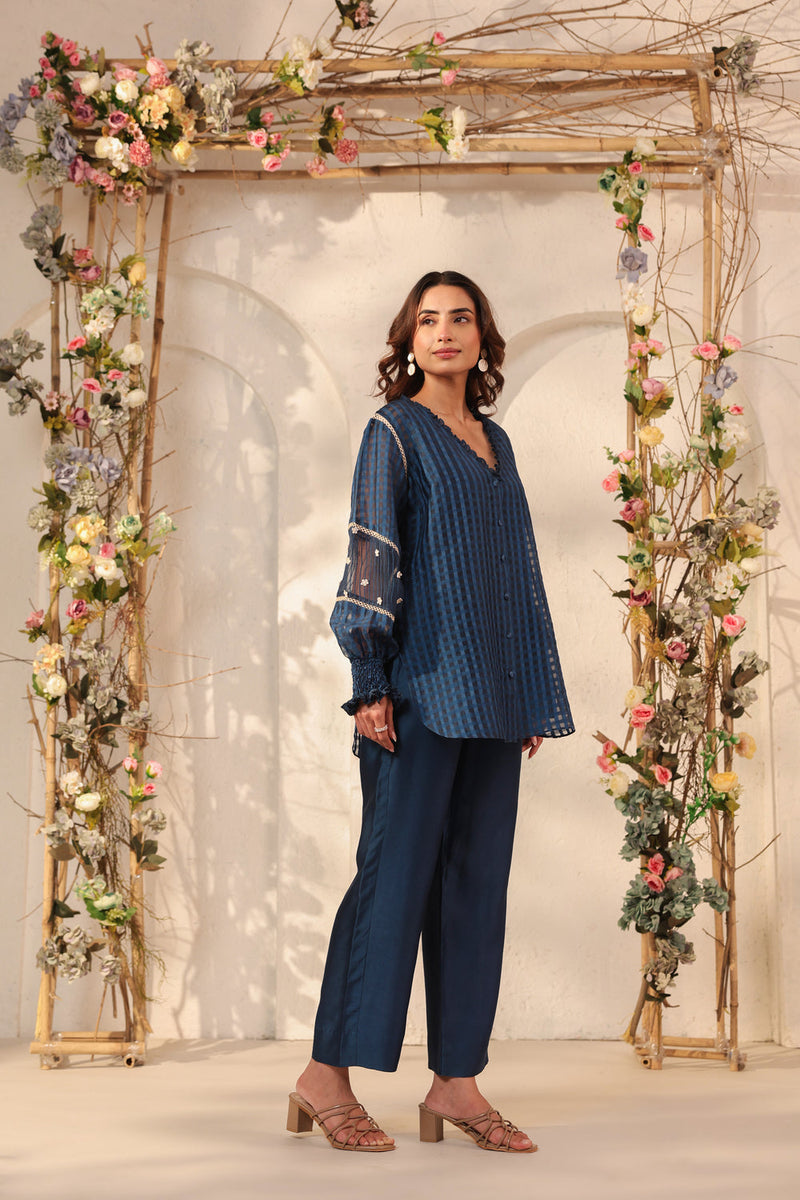 Vaayu Dark Blue V Neck Co ord Set silk chanderi , silk tencel kurta/kurta set by Niti Bothra in dark blue for women in Singapore