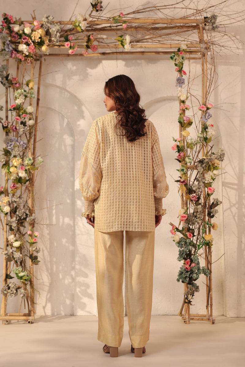 Vaayu Beige V Neck Co ord Set silk chanderi , silk tencel kurta/kurta set by Niti Bothra in beige for women in Singapore