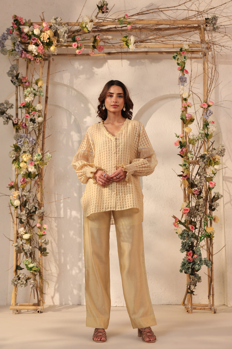 Vaayu Beige V Neck Co ord Set silk chanderi , silk tencel kurta/kurta set by Niti Bothra in beige for women in Singapore