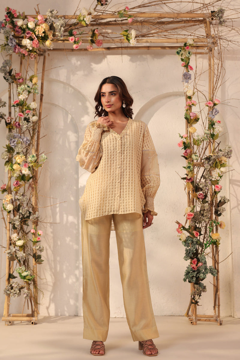Vaayu Beige V Neck Co ord Set silk chanderi , silk tencel kurta/kurta set by Niti Bothra in beige for women in Singapore
