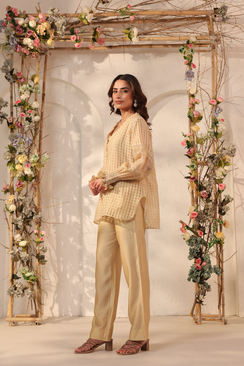 Vaayu Beige V Neck Co ord Set silk chanderi , silk tencel kurta/kurta set by Niti Bothra in beige for women in Singapore