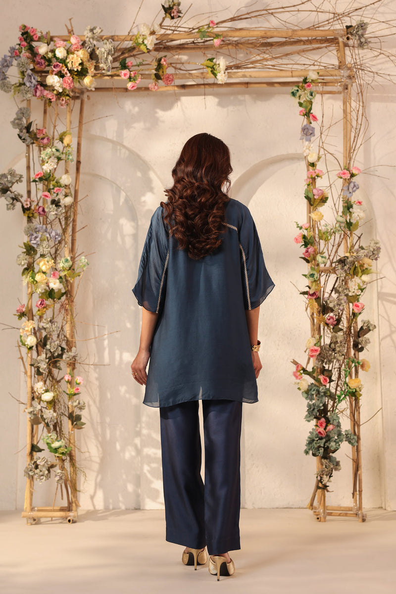 Vaayu Dark Blue Collar Co-ord Set silk tencel kurta/kurta set by Niti Bothra in dark blue for women in Singapore