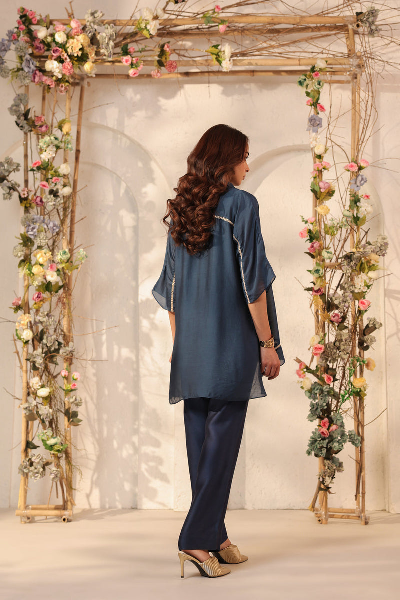 Vaayu Dark Blue Collar Co-ord Set silk tencel kurta/kurta set by Niti Bothra in dark blue for women in Singapore