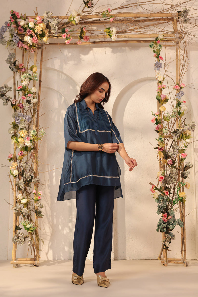Vaayu Dark Blue Collar Co-ord Set silk tencel kurta/kurta set by Niti Bothra in dark blue for women in Singapore