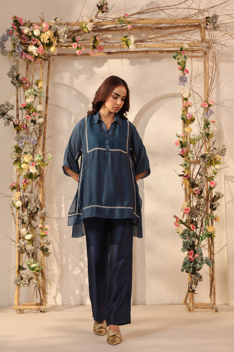 Vaayu Dark Blue Collar Co-ord Set silk tencel kurta/kurta set by Niti Bothra in dark blue for women in Singapore