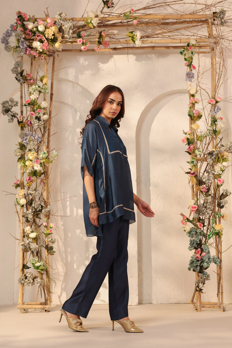 Vaayu Dark Blue Collar Co-ord Set silk tencel kurta/kurta set by Niti Bothra in dark blue for women in Singapore