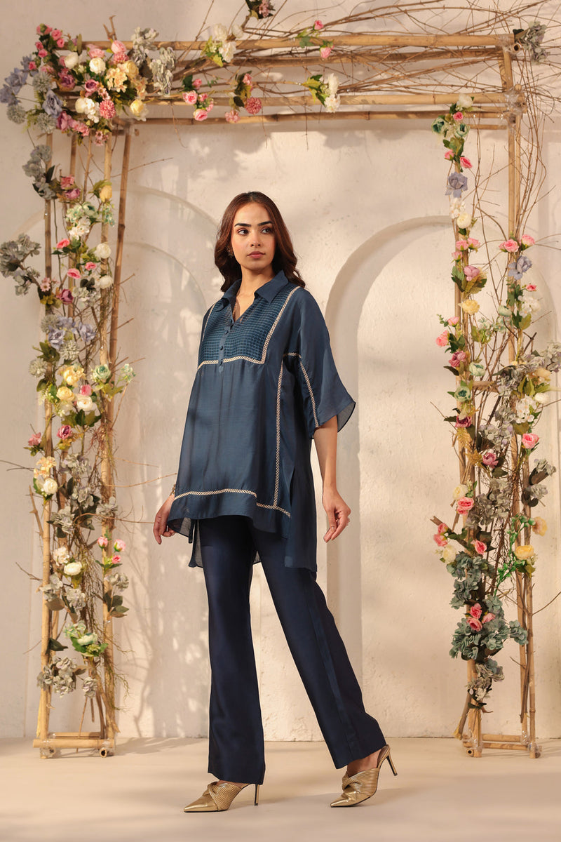Vaayu Dark Blue Collar Co-ord Set silk tencel kurta/kurta set by Niti Bothra in dark blue for women in Singapore