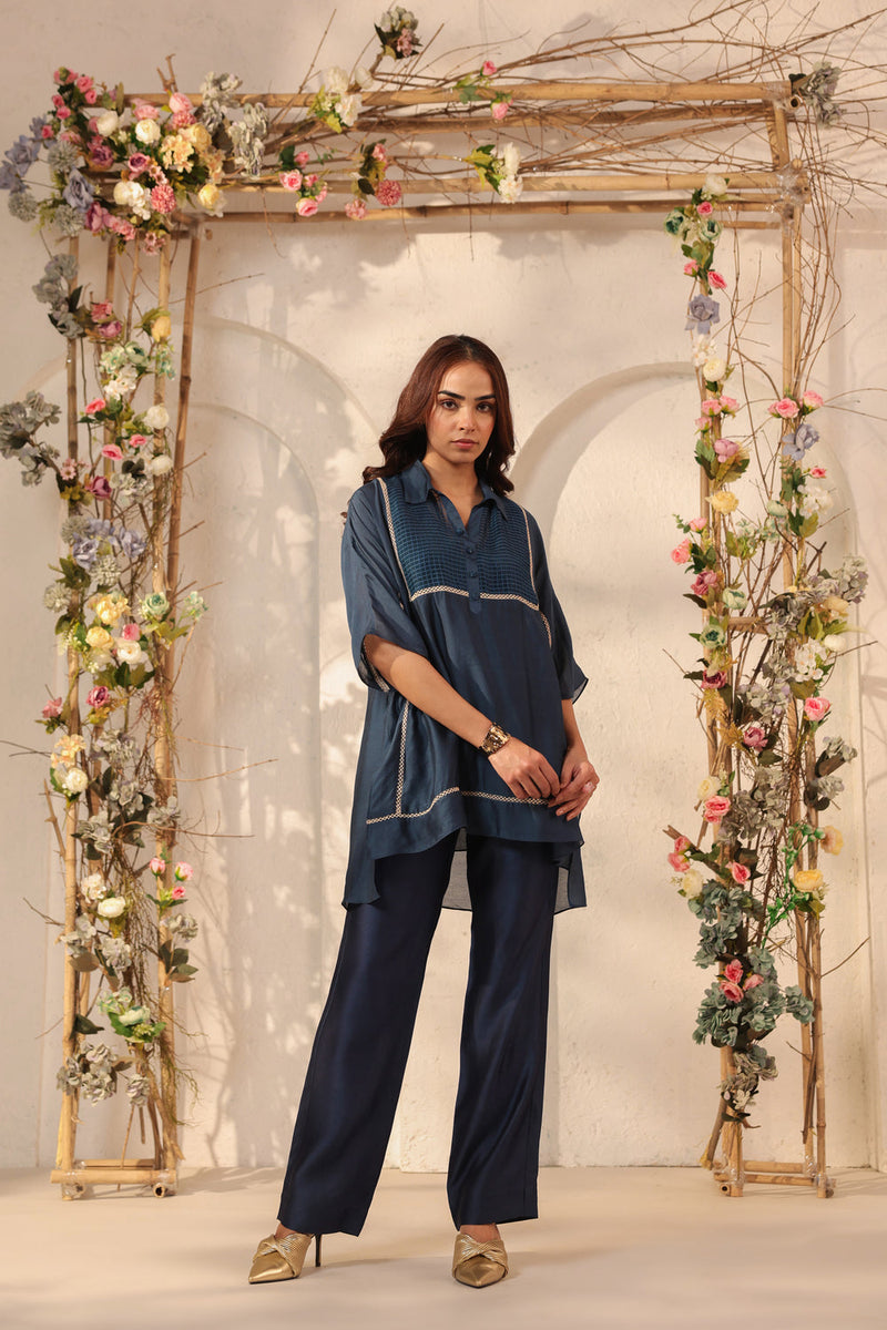 Vaayu Dark Blue Collar Co-ord Set silk tencel kurta/kurta set by Niti Bothra in dark blue for women in Singapore