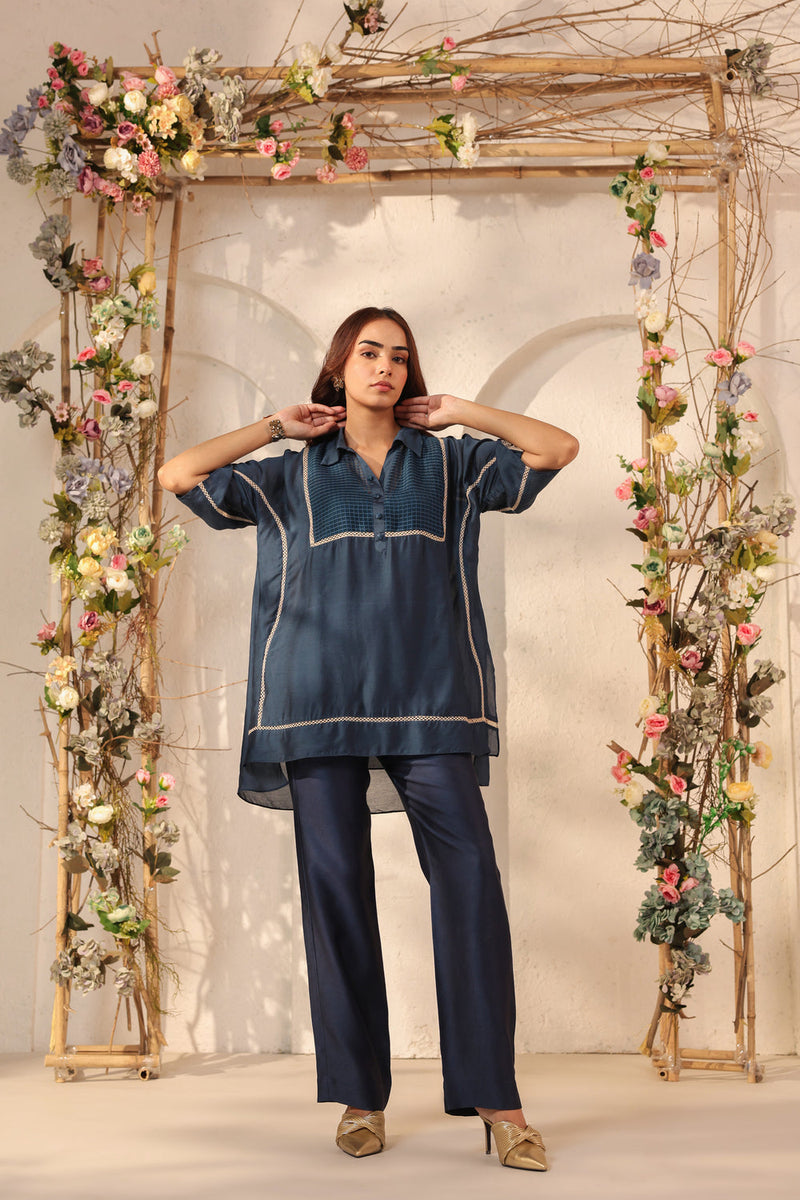 Vaayu Dark Blue Collar Co-ord Set silk tencel kurta/kurta set by Niti Bothra in dark blue for women in Singapore