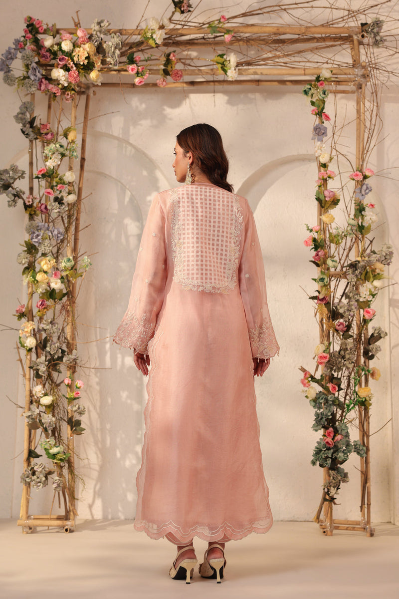 Vaayu Light Pink Heavy Jaal Scallop Kurta Set silk chanderi , silk tencel kurta/kurta set by Niti Bothra in light pink for women in Singapore