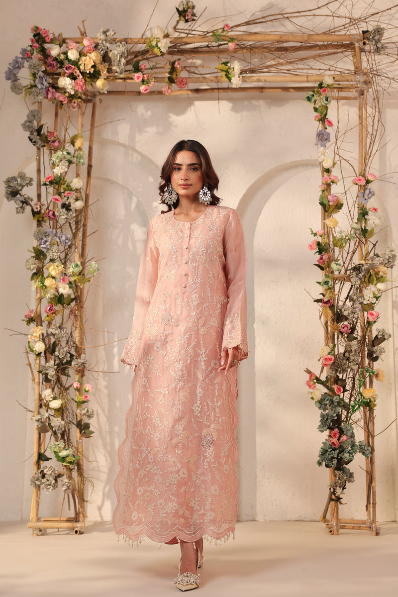 Vaayu Light Pink Heavy Jaal Scallop Kurta Set silk chanderi , silk tencel kurta/kurta set by Niti Bothra in light pink for women in Singapore