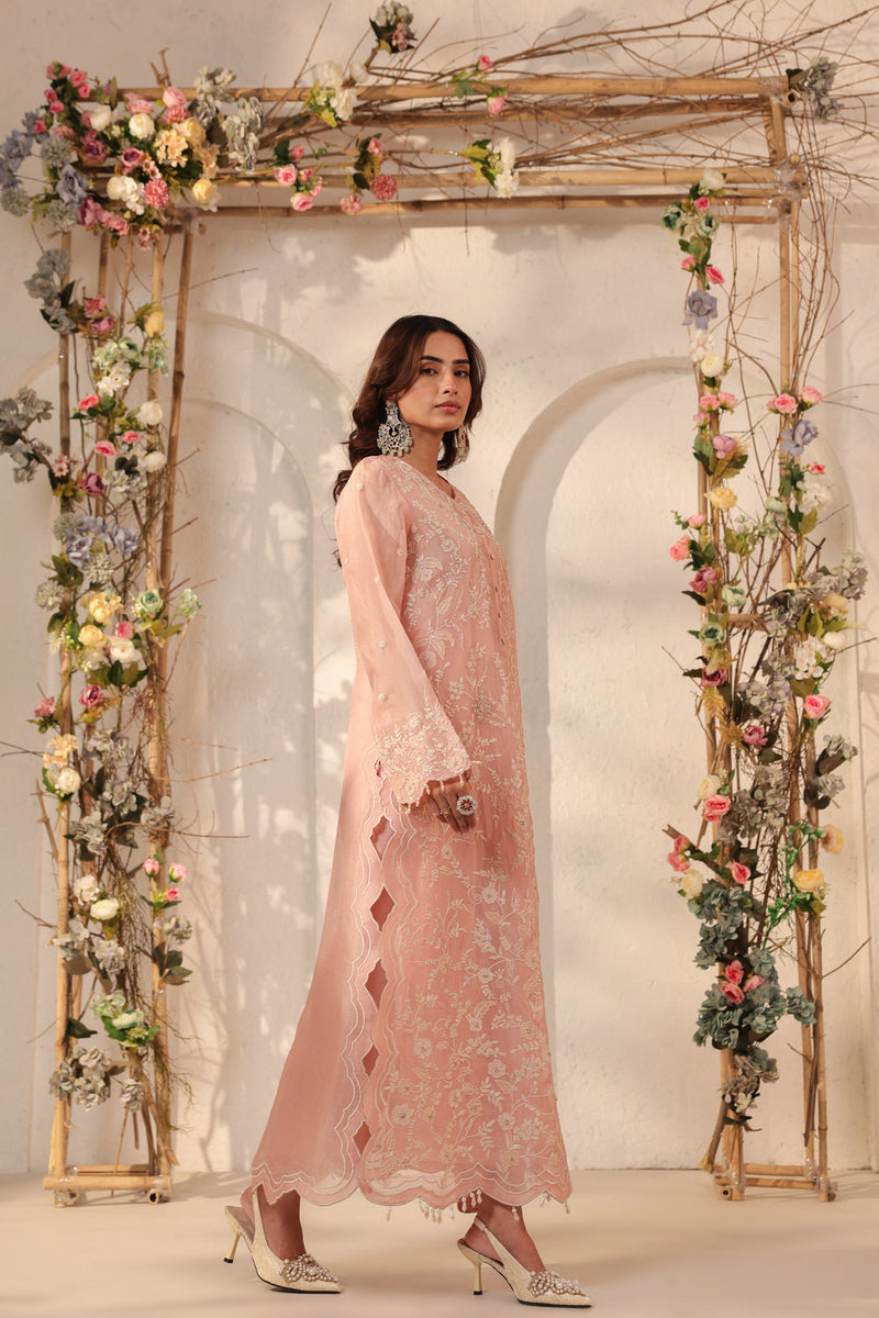 Vaayu Light Pink Heavy Jaal Scallop Kurta Set silk chanderi , silk tencel kurta/kurta set by Niti Bothra in light pink for women in Singapore
