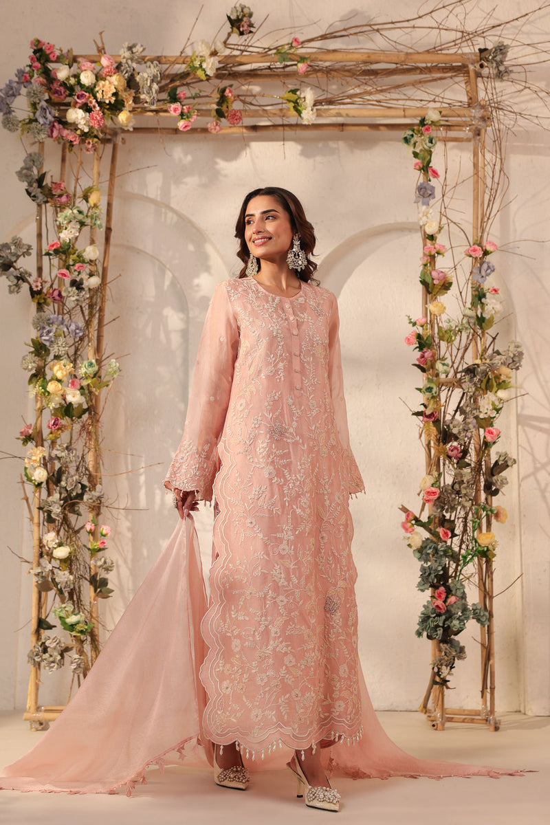 Vaayu Light Pink Heavy Jaal Scallop Kurta Set silk chanderi , silk tencel kurta/kurta set by Niti Bothra in light pink for women in Singapore