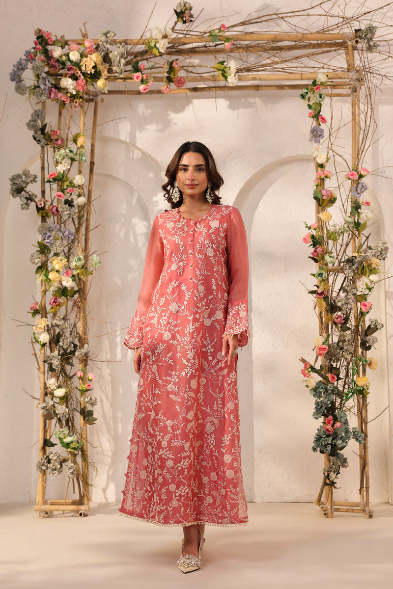 Vaayu Pink Heavy Jaal Kurta Set organza , silk tencel kurta/kurta set by Niti Bothra in pink for women in Singapore