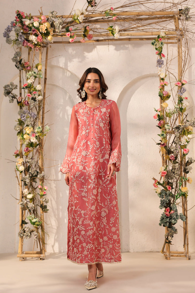 Vaayu Pink Heavy Jaal Kurta Set organza , silk tencel kurta/kurta set by Niti Bothra in pink for women in Singapore