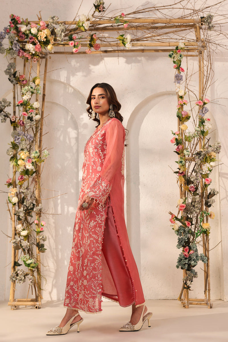 Vaayu Pink Heavy Jaal Kurta Set organza , silk tencel kurta/kurta set by Niti Bothra in pink for women in Singapore