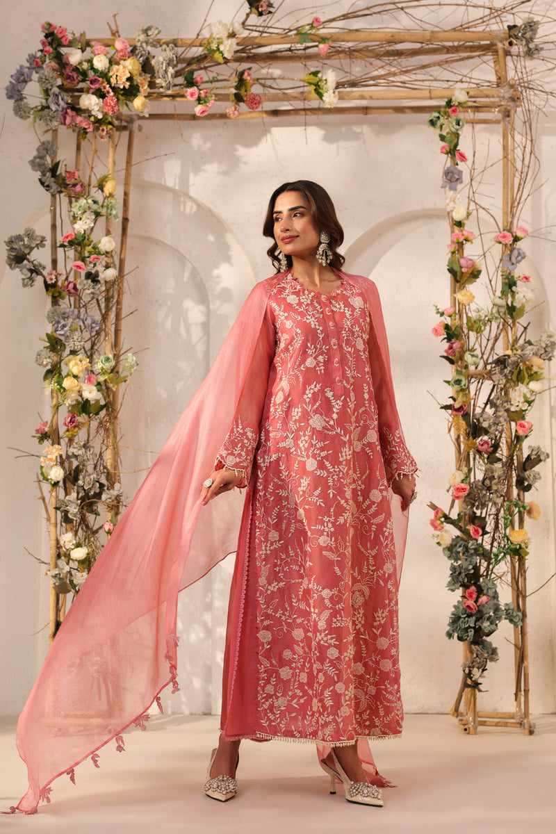 Vaayu Pink Heavy Jaal Kurta Set organza , silk tencel kurta/kurta set by Niti Bothra in pink for women in Singapore