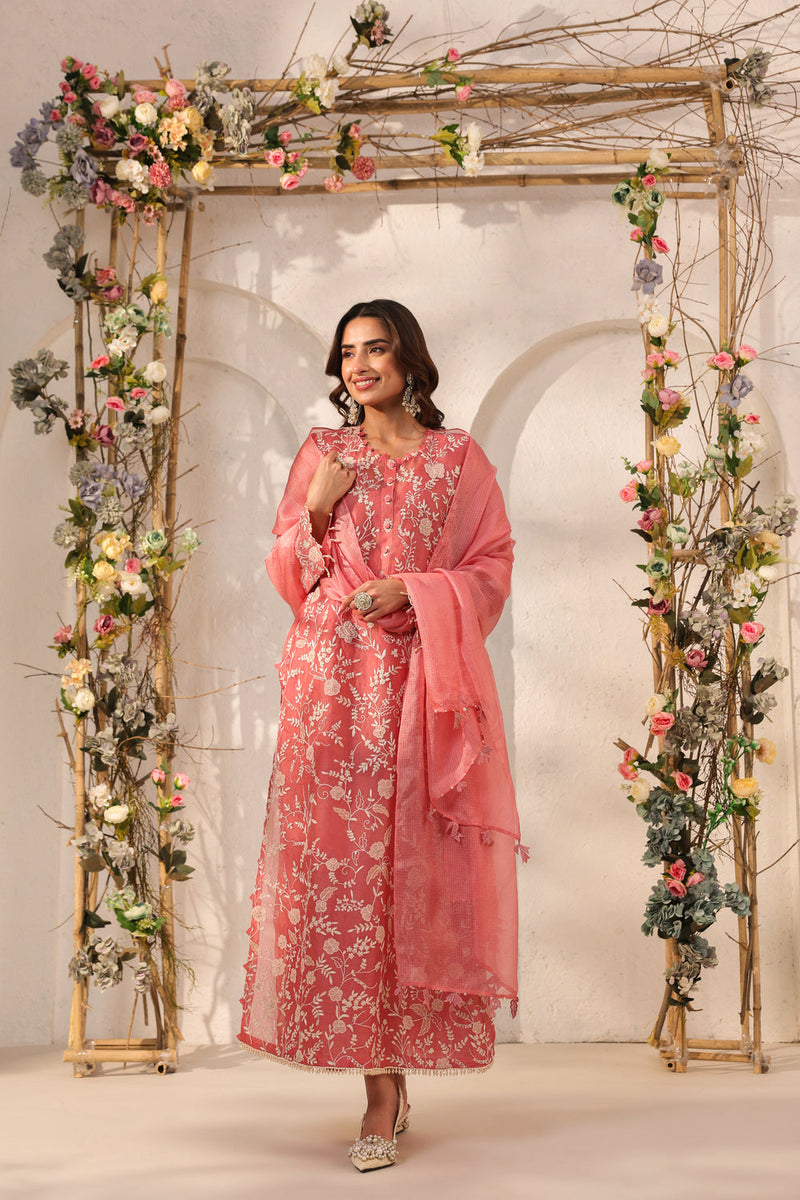 Vaayu Pink Heavy Jaal Kurta Set organza , silk tencel kurta/kurta set by Niti Bothra in pink for women in Singapore