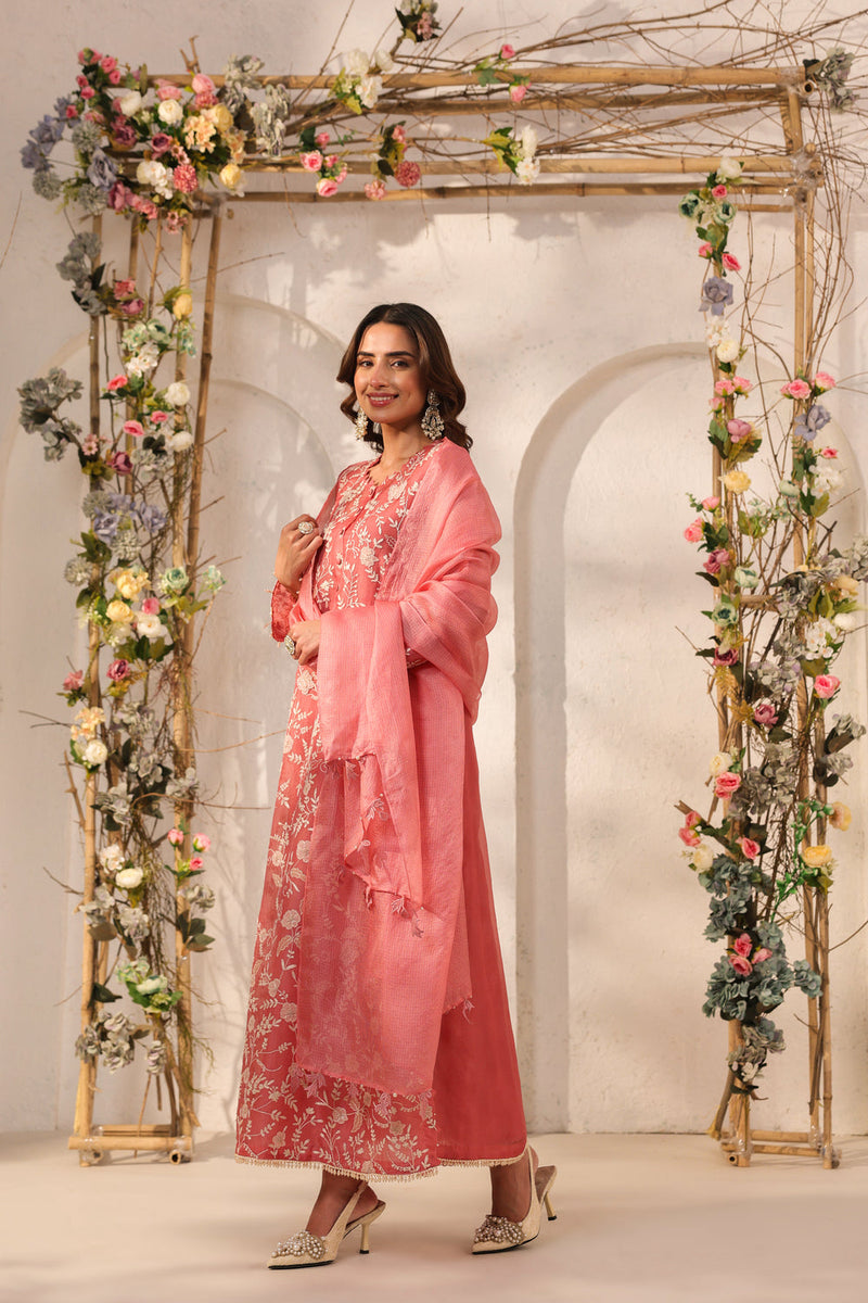 Vaayu Pink Heavy Jaal Kurta Set organza , silk tencel kurta/kurta set by Niti Bothra in pink for women in Singapore