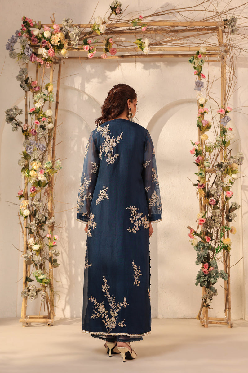 Vaayu Dark Blue Jaal Straight kurta Set organza , silk tencel kurta/kurta set by Niti Bothra in dark blue for women in Singapore