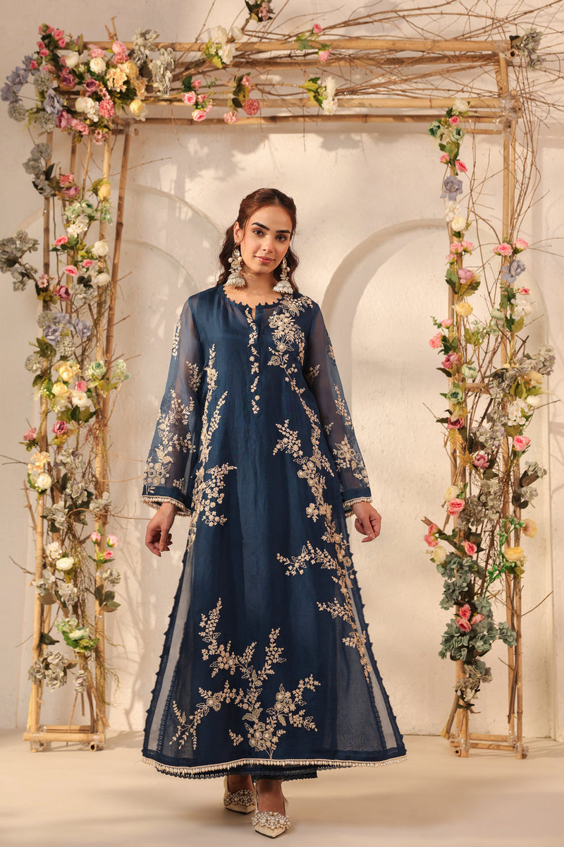 Vaayu Dark Blue Jaal Straight kurta Set organza , silk tencel kurta/kurta set by Niti Bothra in dark blue for women in Singapore