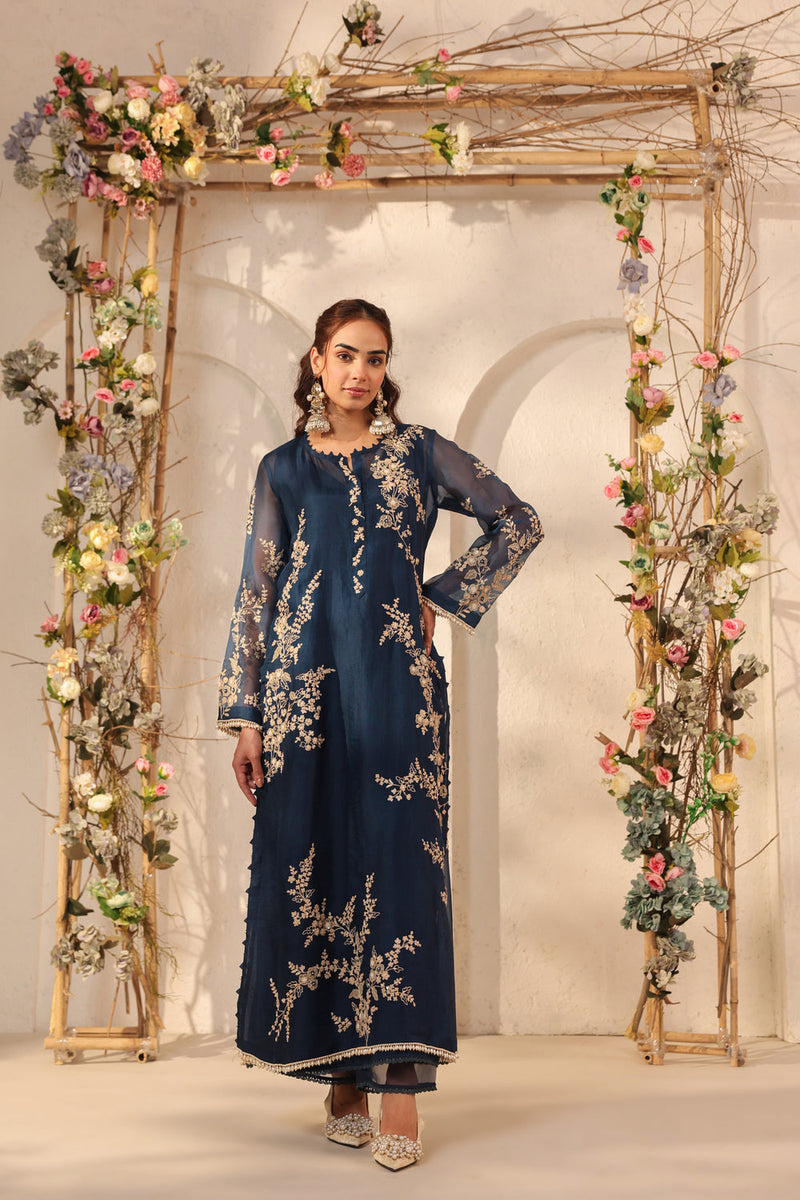Vaayu Dark Blue Jaal Straight kurta Set organza , silk tencel kurta/kurta set by Niti Bothra in dark blue for women in Singapore