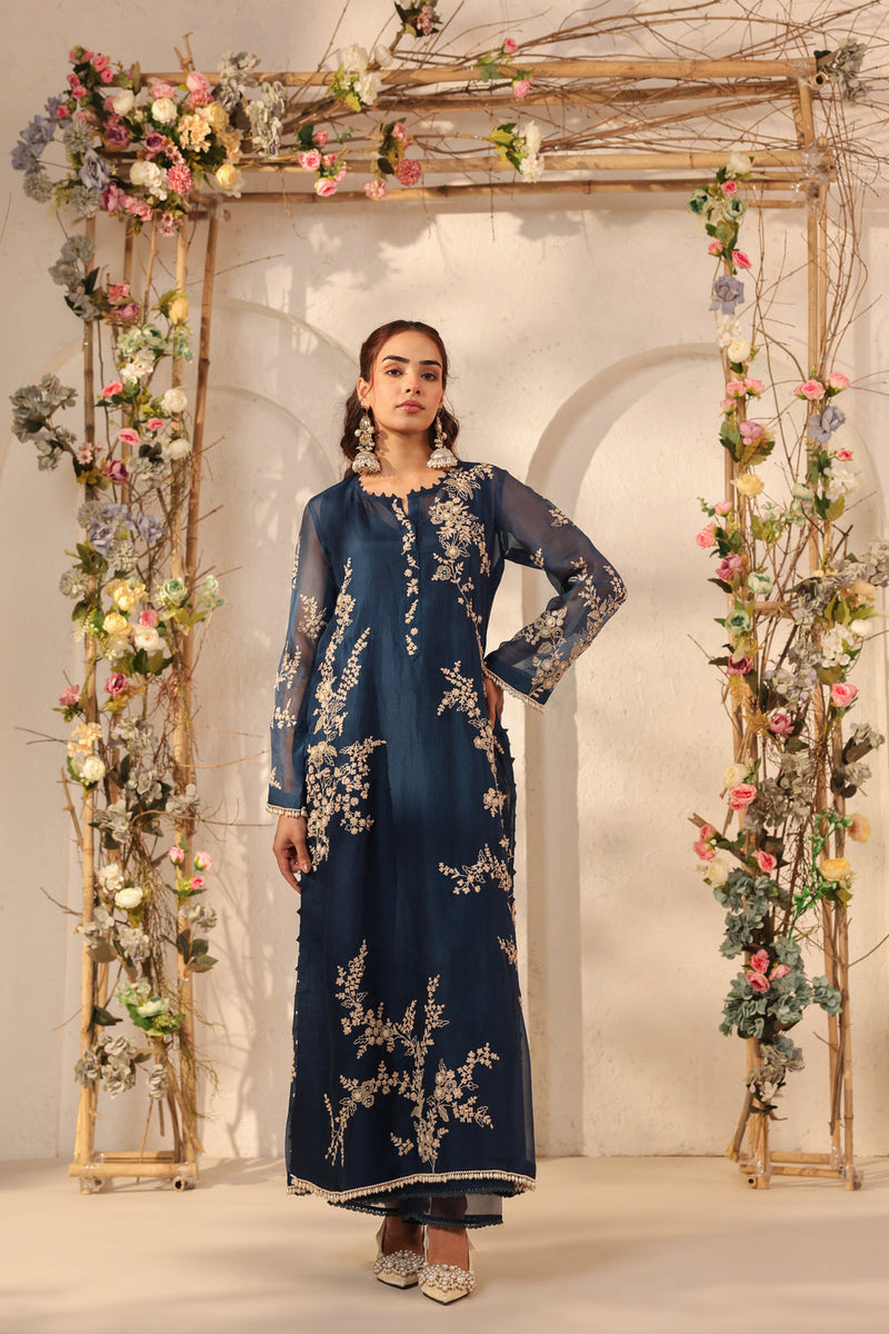 Vaayu Dark Blue Jaal Straight kurta Set organza , silk tencel kurta/kurta set by Niti Bothra in dark blue for women in Singapore