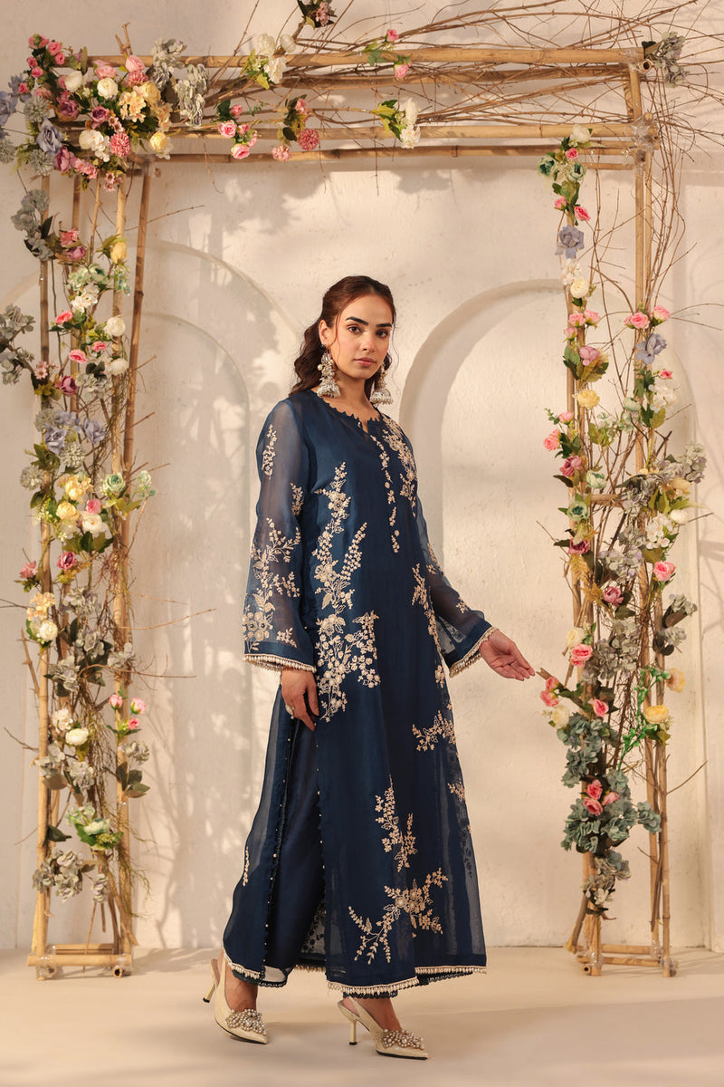 Vaayu Dark Blue Jaal Straight kurta Set organza , silk tencel kurta/kurta set by Niti Bothra in dark blue for women in Singapore