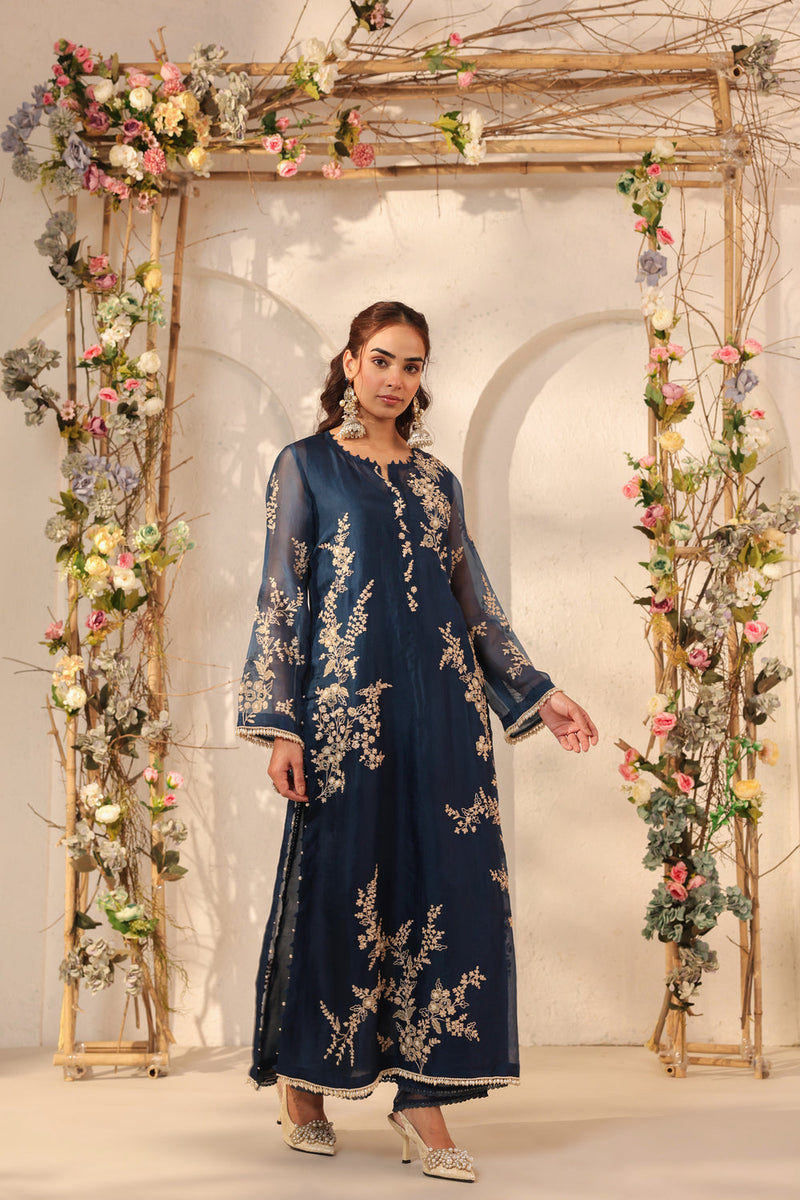 Vaayu Dark Blue Jaal Straight kurta Set organza , silk tencel kurta/kurta set by Niti Bothra in dark blue for women in Singapore