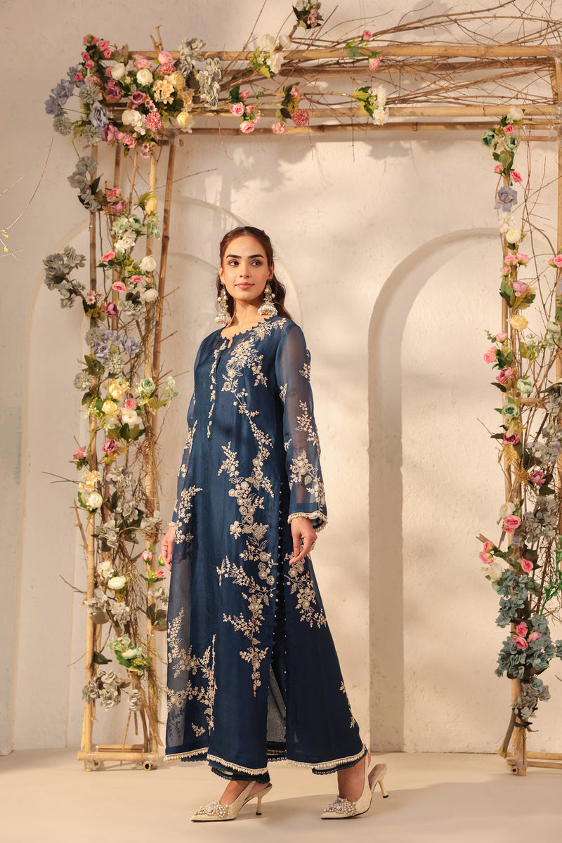 Vaayu Dark Blue Jaal Straight kurta Set organza , silk tencel kurta/kurta set by Niti Bothra in dark blue for women in Singapore