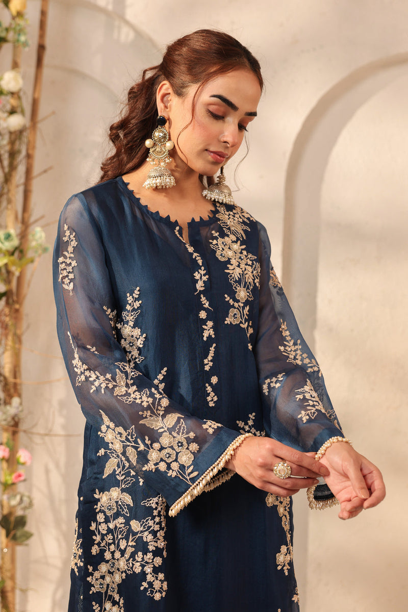 Vaayu Dark Blue Jaal Straight kurta Set organza , silk tencel kurta/kurta set by Niti Bothra in dark blue for women in Singapore