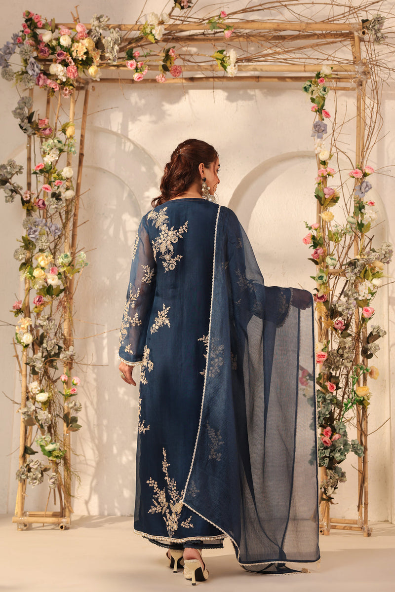 Vaayu Dark Blue Jaal Straight kurta Set organza , silk tencel kurta/kurta set by Niti Bothra in dark blue for women in Singapore
