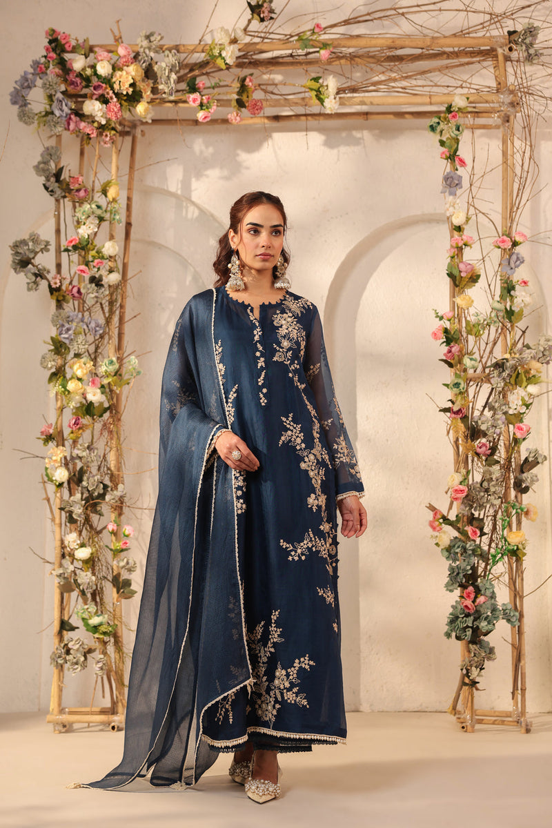 Vaayu Dark Blue Jaal Straight kurta Set organza , silk tencel kurta/kurta set by Niti Bothra in dark blue for women in Singapore