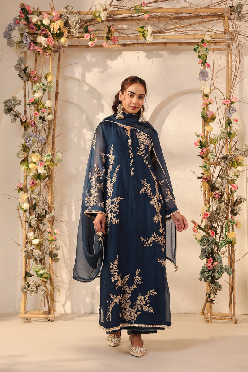 Vaayu Dark Blue Jaal Straight kurta Set organza , silk tencel kurta/kurta set by Niti Bothra in dark blue for women in Singapore