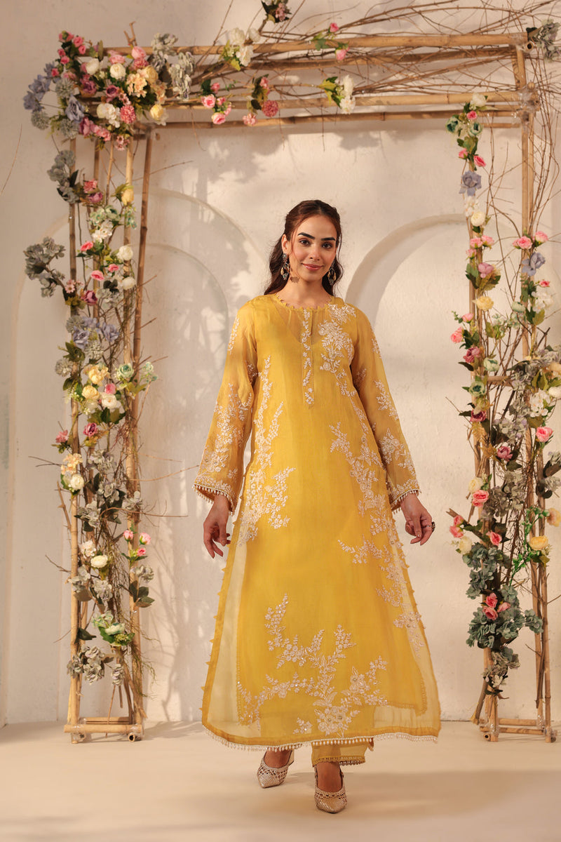 Vaayu Yellow Jaal Straight kurta Set organza , silk tencel kurta/kurta set by Niti Bothra in yellow for women in Singapore