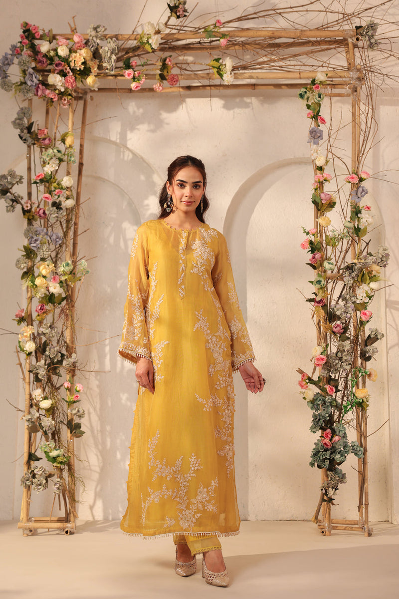 Vaayu Yellow Jaal Straight kurta Set organza , silk tencel kurta/kurta set by Niti Bothra in yellow for women in Singapore