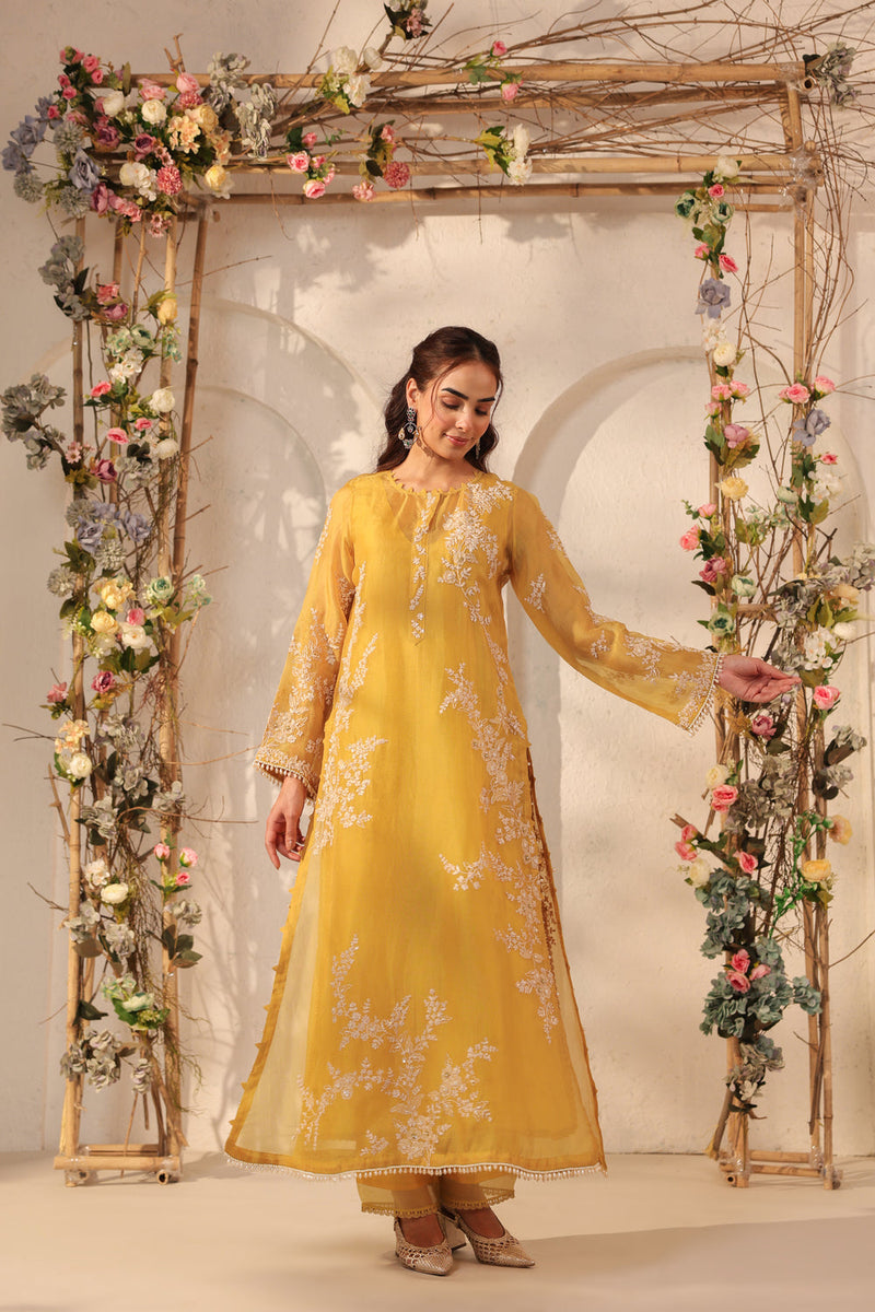 Vaayu Yellow Jaal Straight kurta Set organza , silk tencel kurta/kurta set by Niti Bothra in yellow for women in Singapore