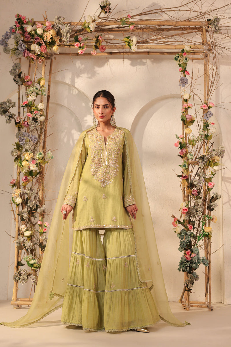 Vaayu Green Sharara Set silk chanderi kurta/kurta set by Niti Bothra in green for women in Singapore