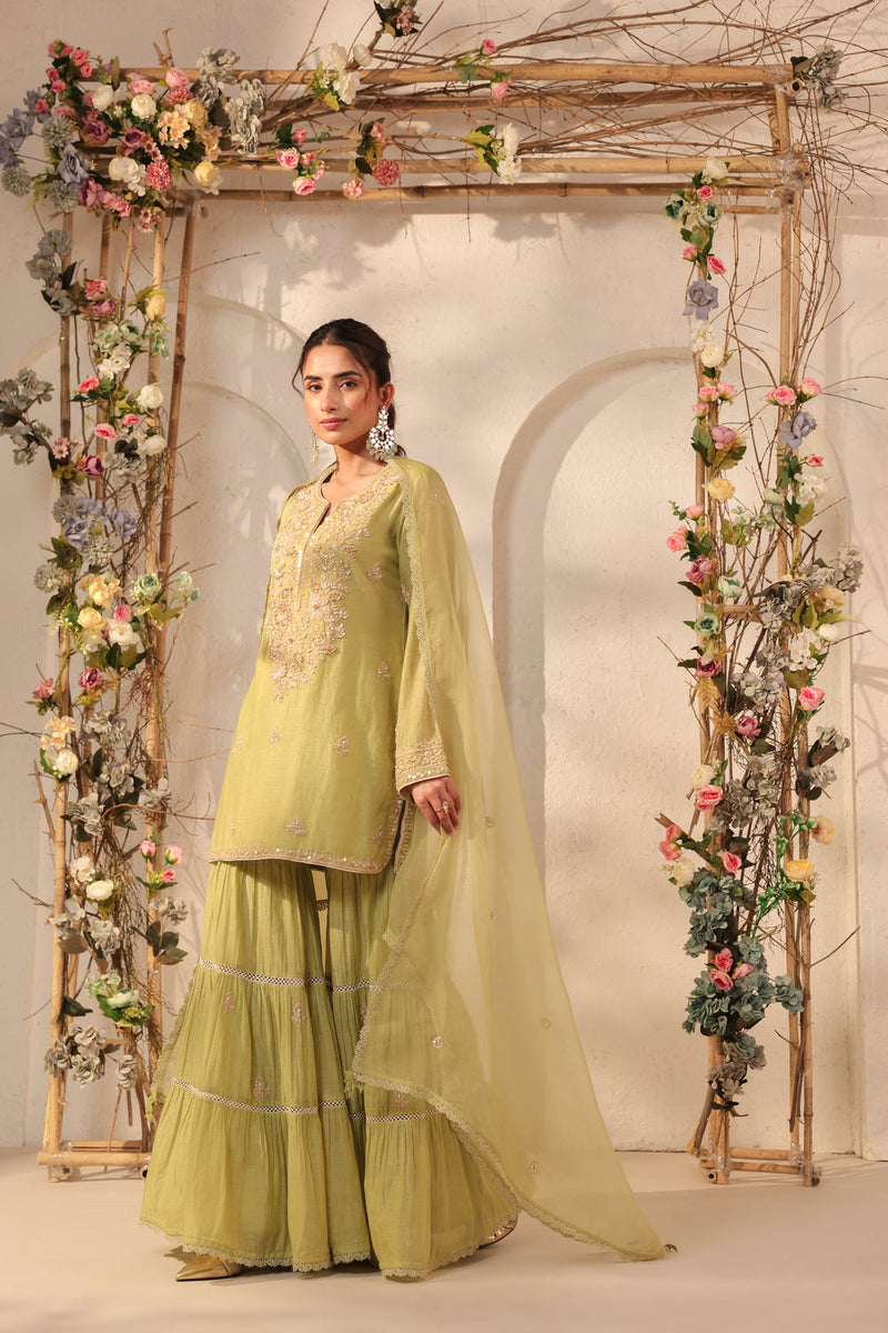 Vaayu Green Sharara Set silk chanderi kurta/kurta set by Niti Bothra in green for women in Singapore