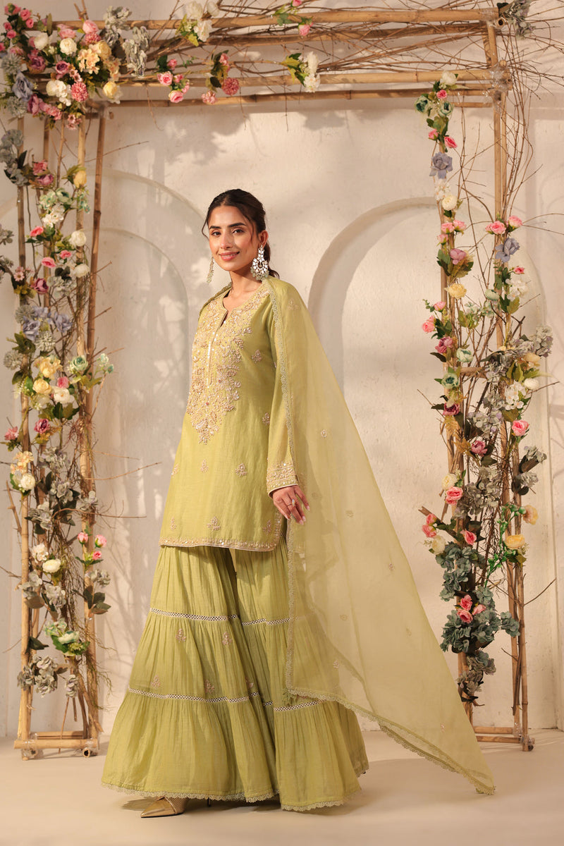 Vaayu Green Sharara Set silk chanderi kurta/kurta set by Niti Bothra in green for women in Singapore