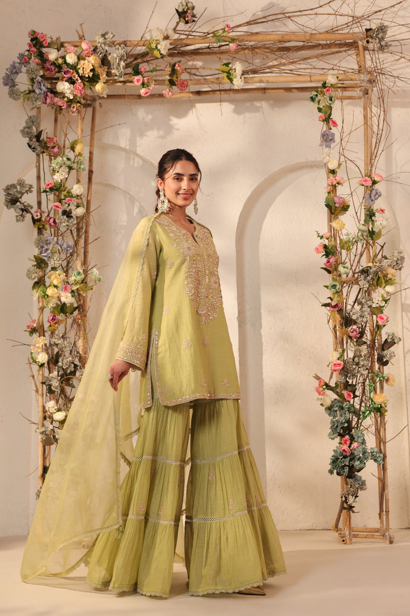 Vaayu Green Sharara Set silk chanderi kurta/kurta set by Niti Bothra in green for women in Singapore