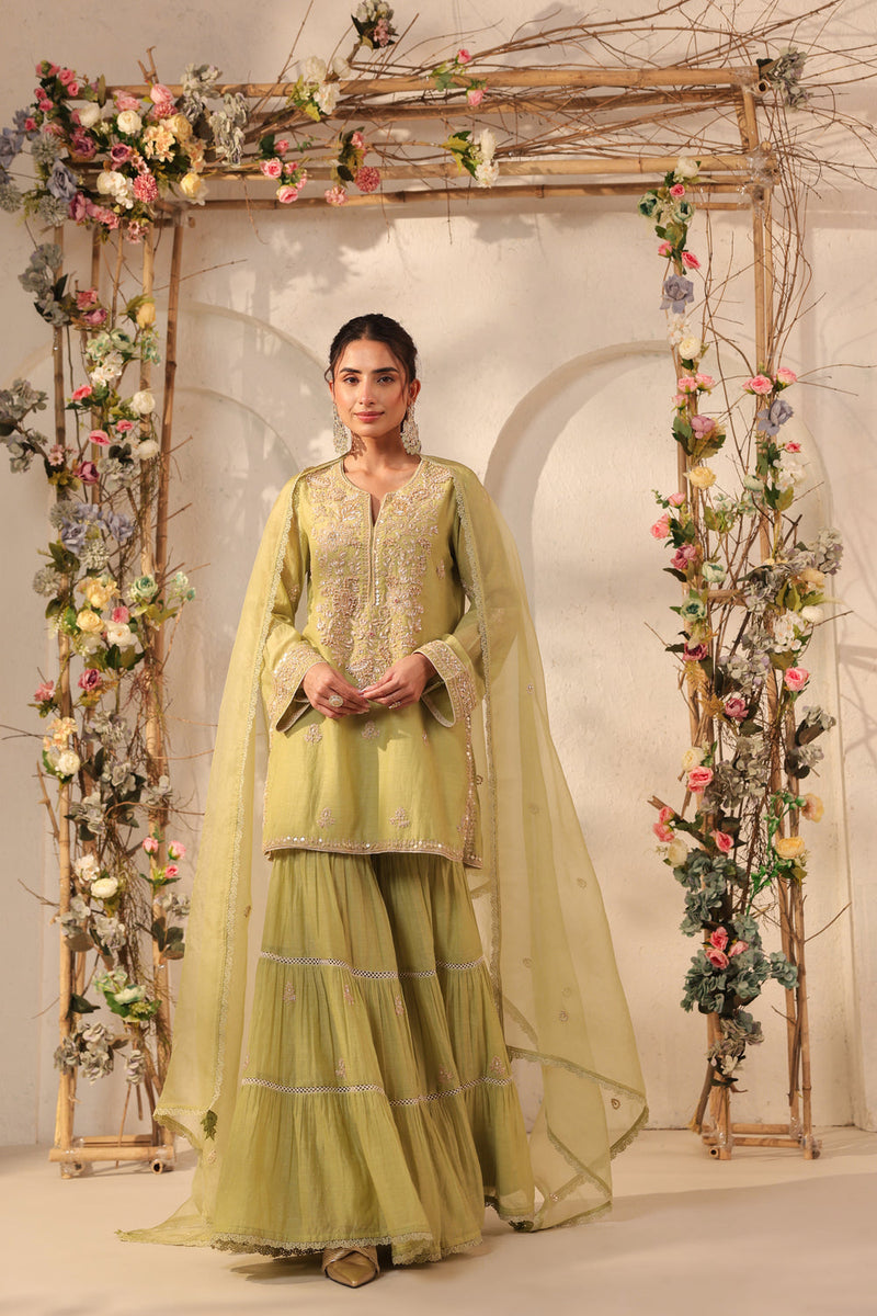 Vaayu Green Sharara Set silk chanderi kurta/kurta set by Niti Bothra in green for women in Singapore