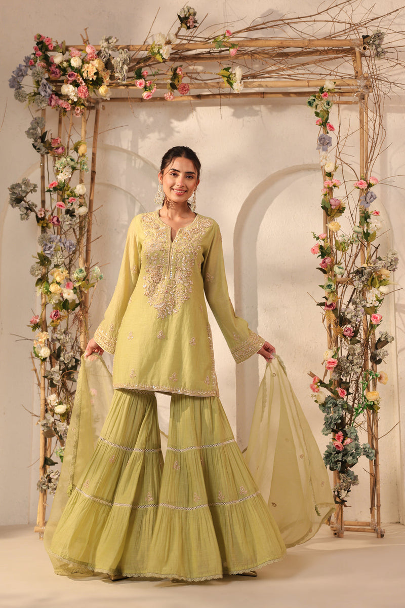Vaayu Green Sharara Set silk chanderi kurta/kurta set by Niti Bothra in green for women in Singapore