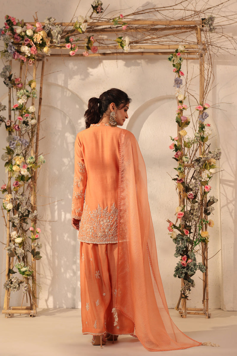 Vaayu Orange Heavy Short Kurta Set modal silk kurta/kurta set by Niti Bothra in orange for women in Singapore