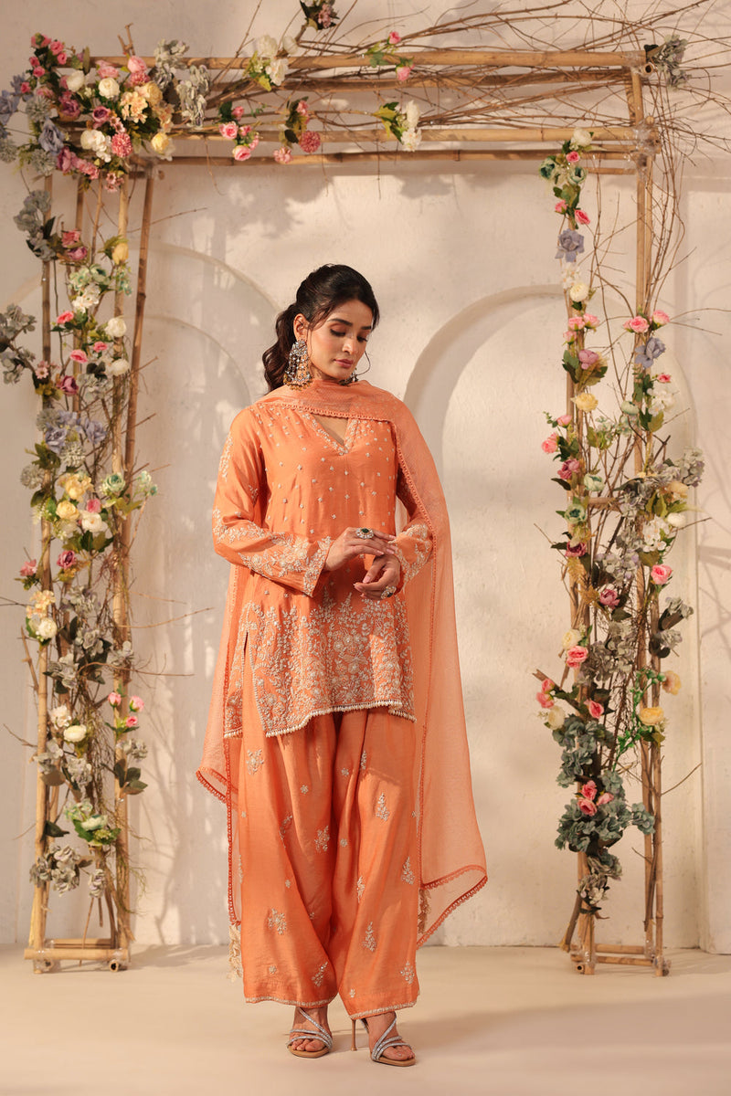 Vaayu Orange Heavy Short Kurta Set modal silk kurta/kurta set by Niti Bothra in orange for women in Singapore