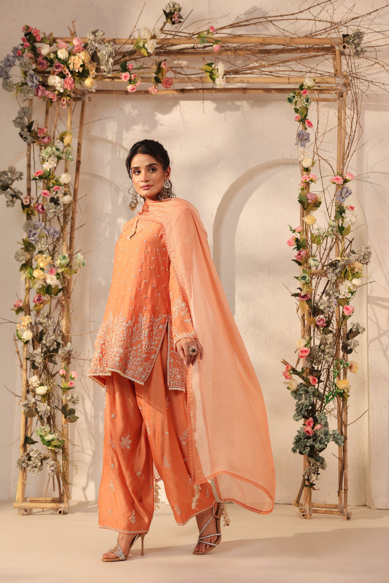 Vaayu Orange Heavy Short Kurta Set modal silk kurta/kurta set by Niti Bothra in orange for women in Singapore