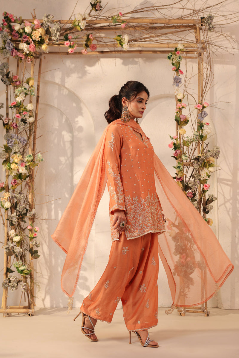Vaayu Orange Heavy Short Kurta Set modal silk kurta/kurta set by Niti Bothra in orange for women in Singapore