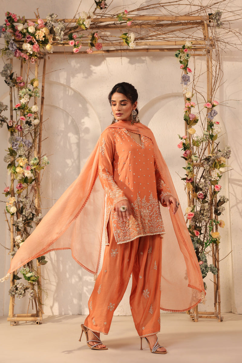 Vaayu Orange Heavy Short Kurta Set modal silk kurta/kurta set by Niti Bothra in orange for women in Singapore